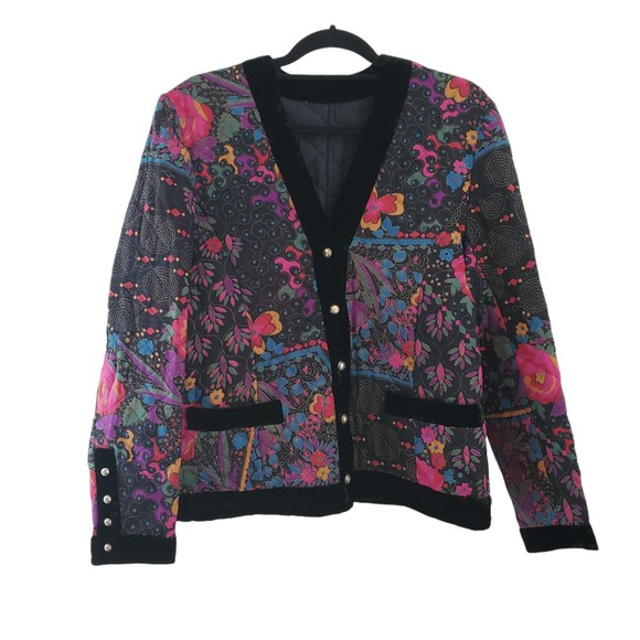 Vintage Jackets & Blazers - French Silk Quilted Jacket Velvet Trim Blazer Floral Gold Buttons 40 M Vintage